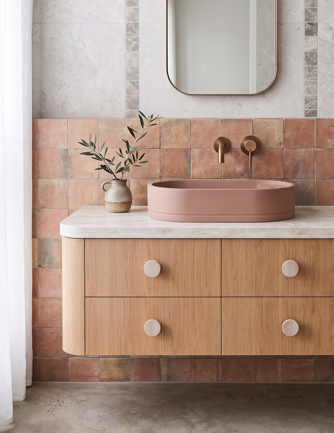 A relaxing sanctuary with layered textures, warm wood, and calming coastal hues