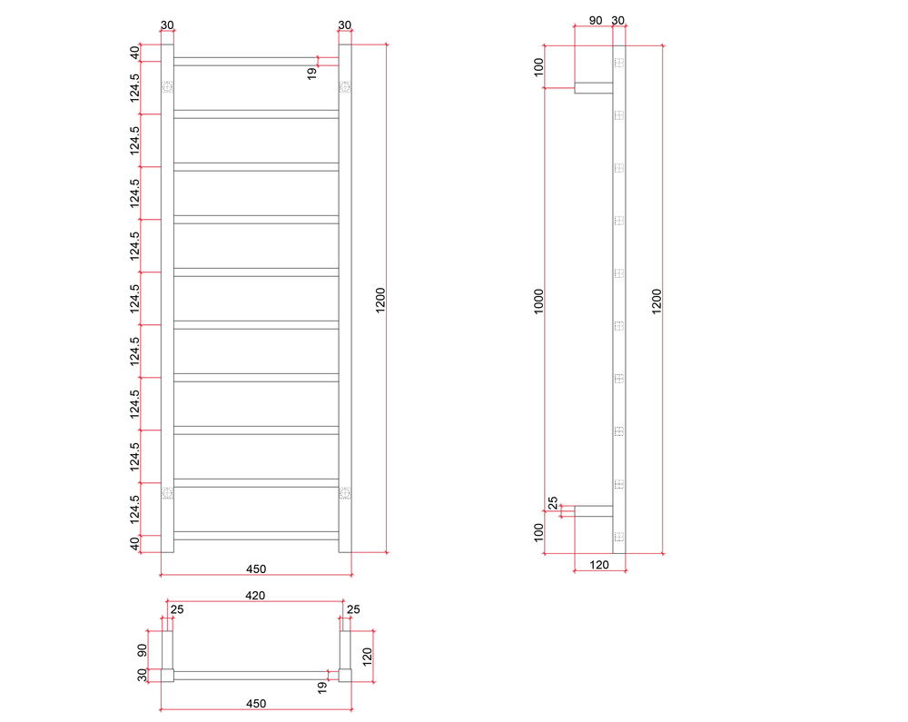 SS19M Straight Square Polished Ladder Heated Towel Rail