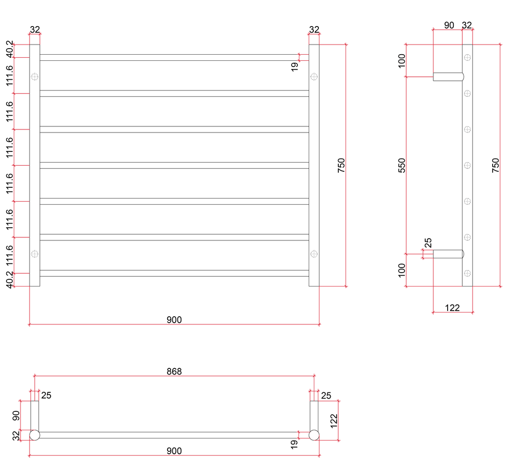 SR93M Straight Round Polished Ladder Heated Towel Rail