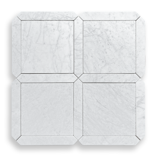 Grande Palazzo Carrara tumbled marble square and geometric mosaic tile