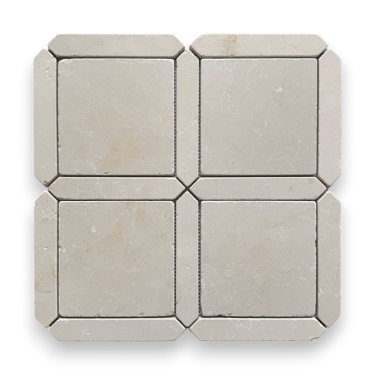 Palazzo Crema Serena tumbled limestone square and geometric mosaic tile