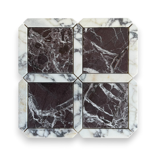 Palazzo Rosso Levanto and Calacatta Viola tumbled marble mosaic tile