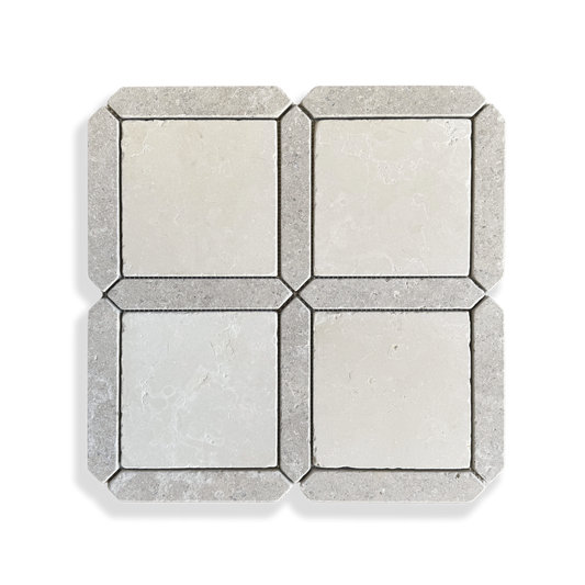 Palazzo Crema Serena and Calcare Naturale tumbled limestone mosaic tile