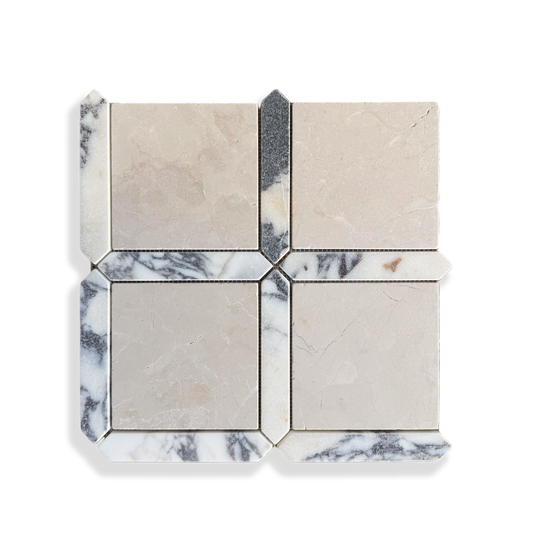 Palazzo Botticino and Calacatta Viola marble mosaic edge detail
