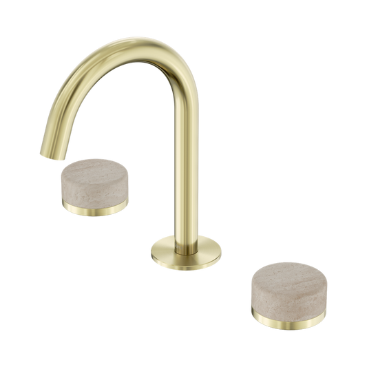 SERENITY BASIN SET ARC SPOUT WITH ROME TRAVERTINE HANDLE BRUSHED GOLD