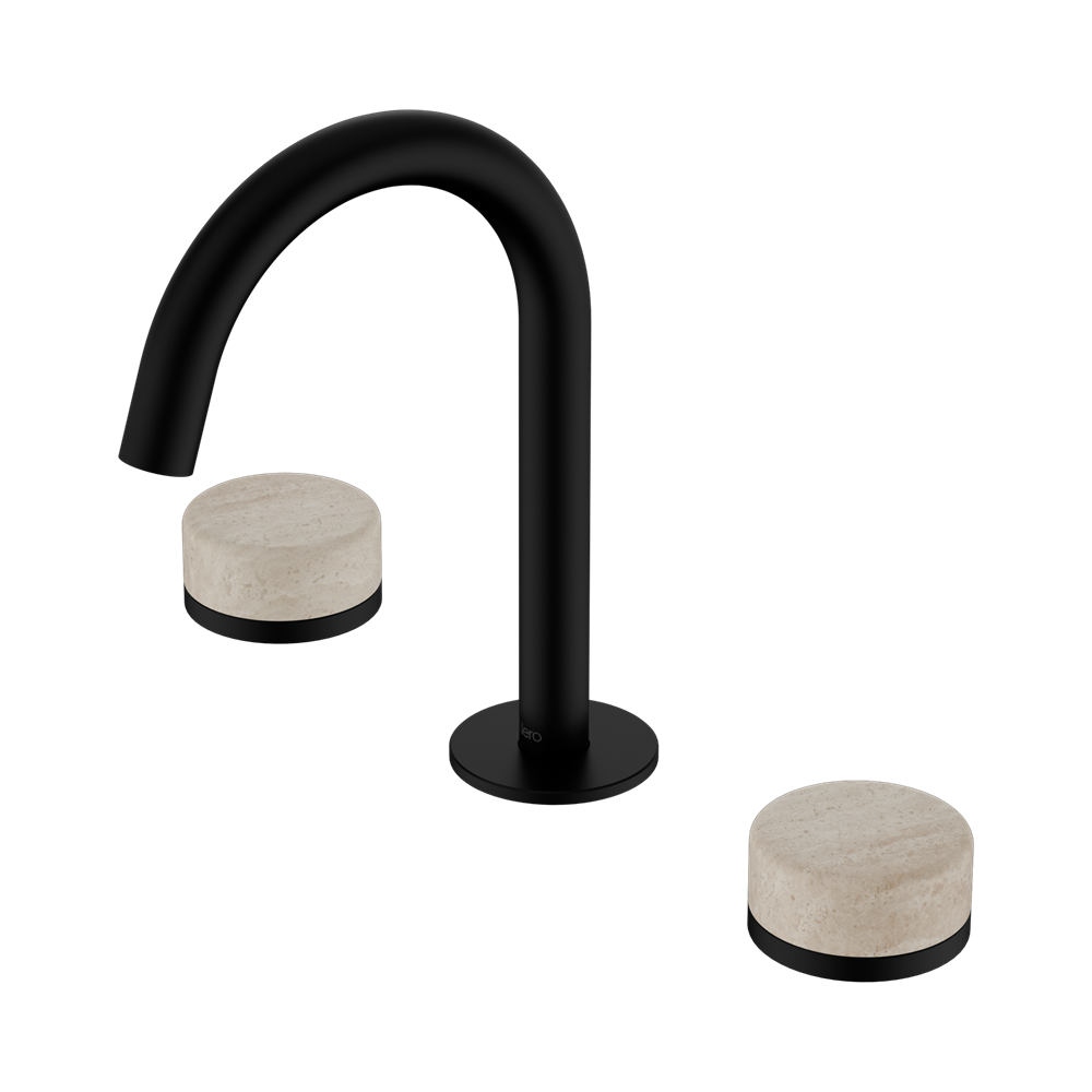 SERENITY BASIN SET ARC SPOUT WITH ROME TRAVERTINE HANDLE MATTE BLACK