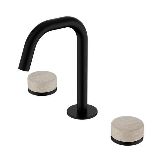 SERENITY BASIN SET EDGE SPOUT WITH ROME TRAVERTINE HANDLE MATTE BLACK