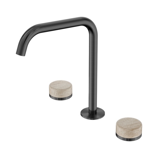 SERENITY BATH/KITCHEN SET EDGE SPOUT WITH ROME TRAVERTINE HANDLE GUN METAL
