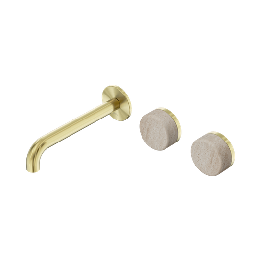 SERENITY WALL BASIN SET 160/185/220MM OFFSET SPOUT WITH ROME TRAVERTINE HANDLE BRUSHED GOLD