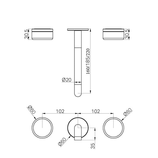 SERENITY WALL BASIN SET 160/185/220MM SPOUT WITH ARABESCATO CORCHIA HANDLE TRIM KIT ONLY BRUSHED NICKEL