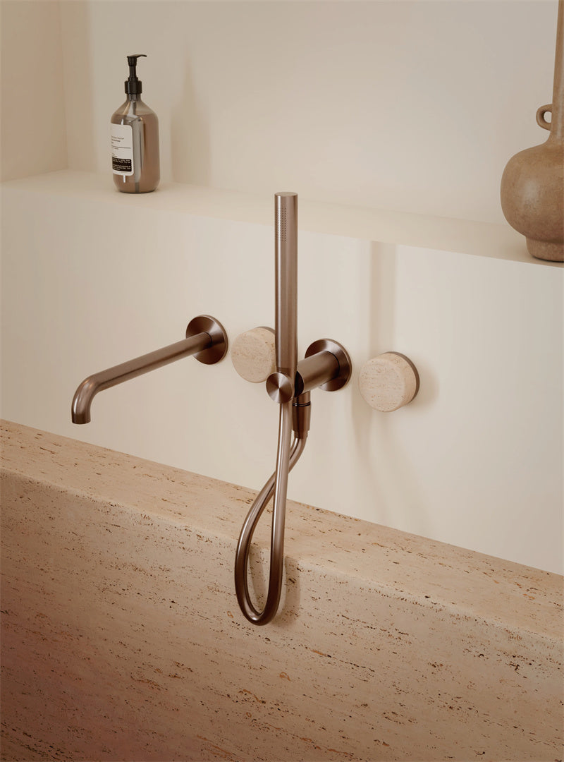 SERENITY PROGRESSIVE SHOWER SYSTEM WITH SPOUT WITH ROME TRAVERTINE HANDLE AND SLIM SHOWER BRUSHED BRONZE