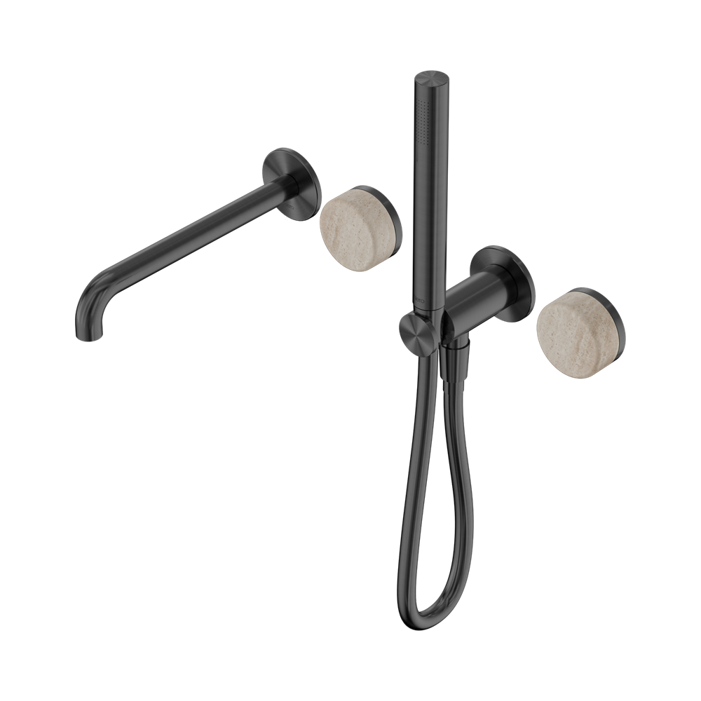 SERENITY PROGRESSIVE SHOWER SYSTEM WITH SPOUT WITH ROME TRAVERTINE HANDLE AND SLIM SHOWER GUN METAL