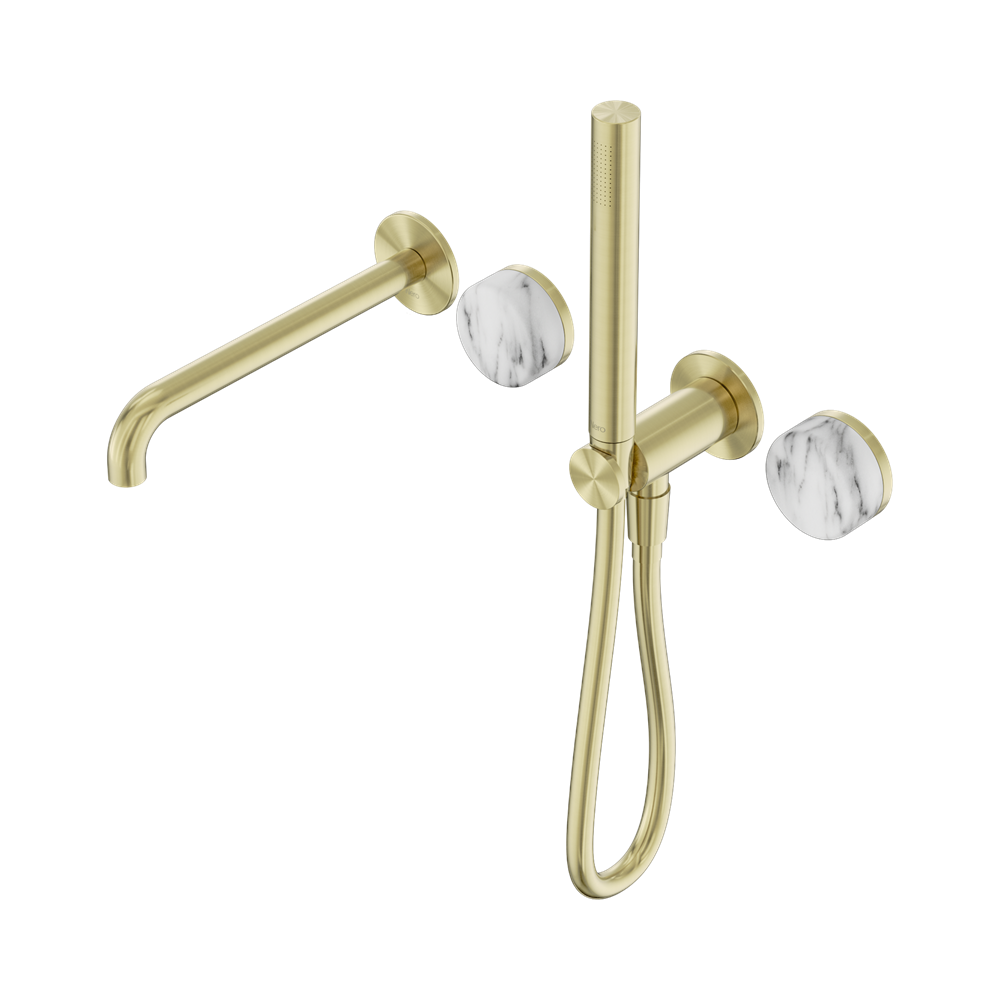 SERENITY PROGRESSIVE SHOWER SYSTEM WITH SPOUT WITH ARABESCATO CORCHIA HANDLE AND SLIM SHOWER BRUSHED GOLD