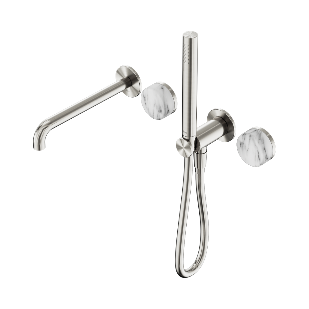 SERENITY PROGRESSIVE SHOWER SYSTEM WITH SPOUT WITH ARABESCATO CORCHIA HANDLE AND SLIM SHOWER BRUSHED NICKEL