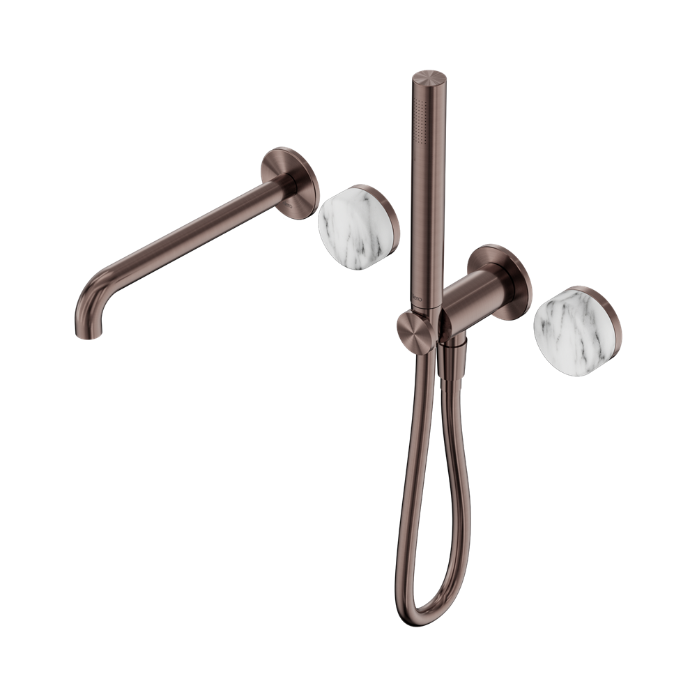 SERENITY PROGRESSIVE SHOWER SYSTEM WITH SPOUT WITH ARABESCATO CORCHIA HANDLE AND SLIM SHOWER BRUSHED BRONZE