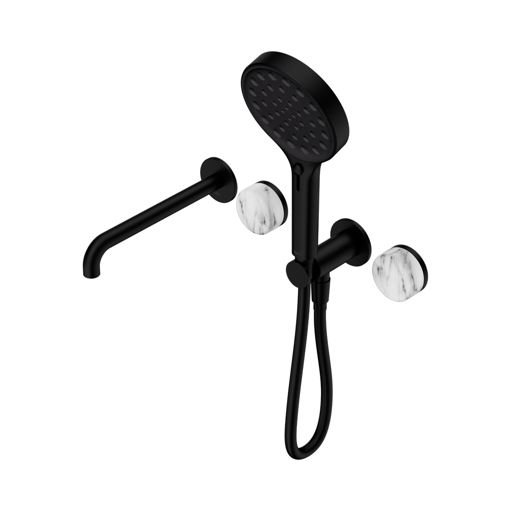 SERENITY PROGRESSIVE SHOWER SYSTEM WITH SPOUT WITH ARABESCATO CORCHIA HANDLE AND SERENITY HAND SHOWER MATTE BLACK