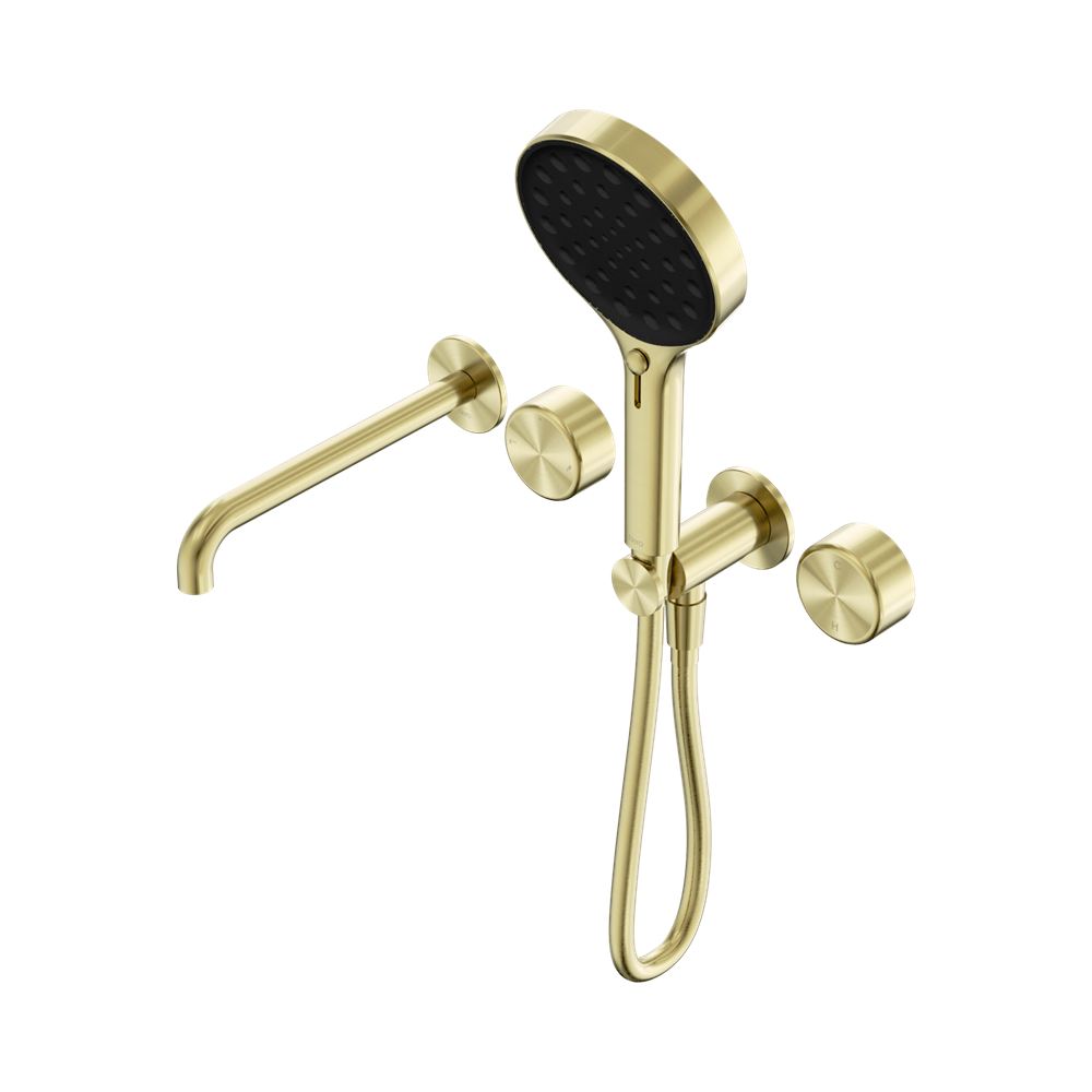 SERENITY PROGRESSIVE SHOWER SYSTEM WITH SPOUT WITH METAL HANDLE AND SERENITY HAND SHOWER BRUSHED GOLD