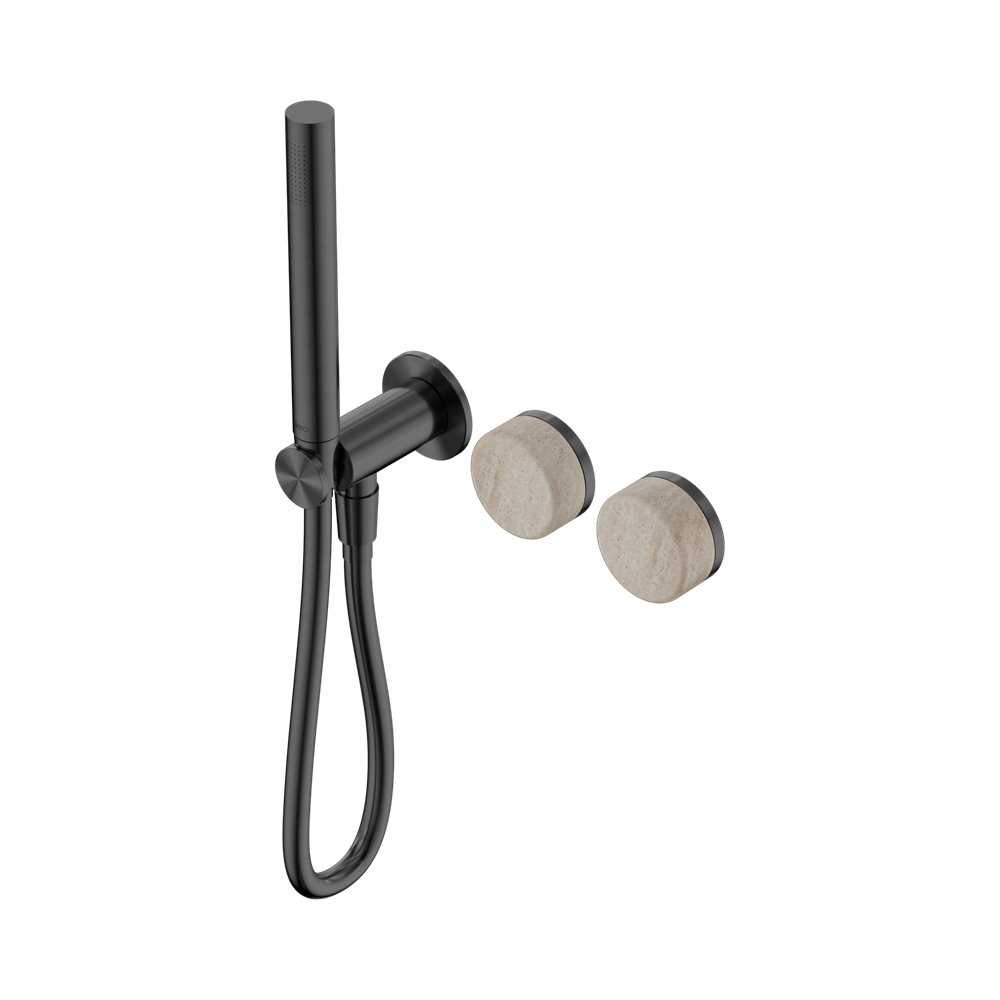 SERENITY PROGRESSIVE SHOWER SYSTEM WITH ROME TRAVERTINE HANDLE AND SLIM SHOWER GUN METAL