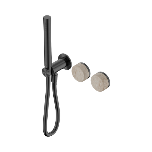 SERENITY PROGRESSIVE SHOWER SYSTEM WITH ROME TRAVERTINE HANDLE AND SLIM SHOWER GUN METAL
