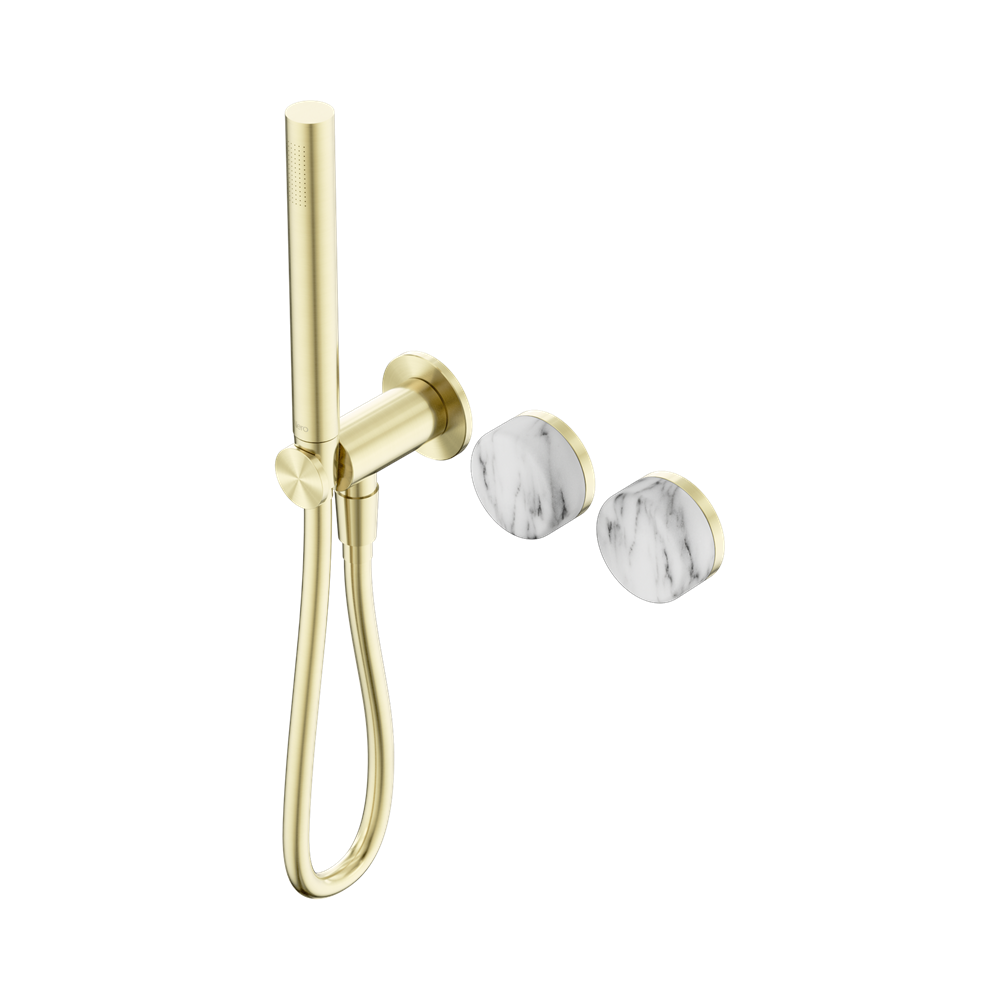 SERENITY PROGRESSIVE SHOWER SYSTEM WITH ARABESCATO CORCHIA HANDLE AND SLIM SHOWER BRUSHED GOLD