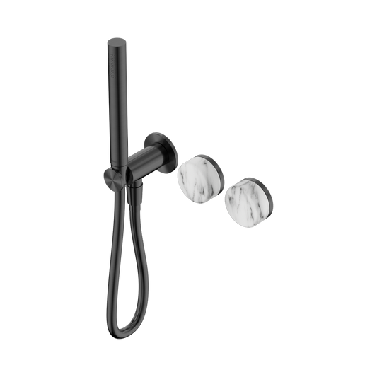 SERENITY PROGRESSIVE SHOWER SYSTEM WITH ARABESCATO CORCHIA HANDLE AND SLIM SHOWER GUN METAL
