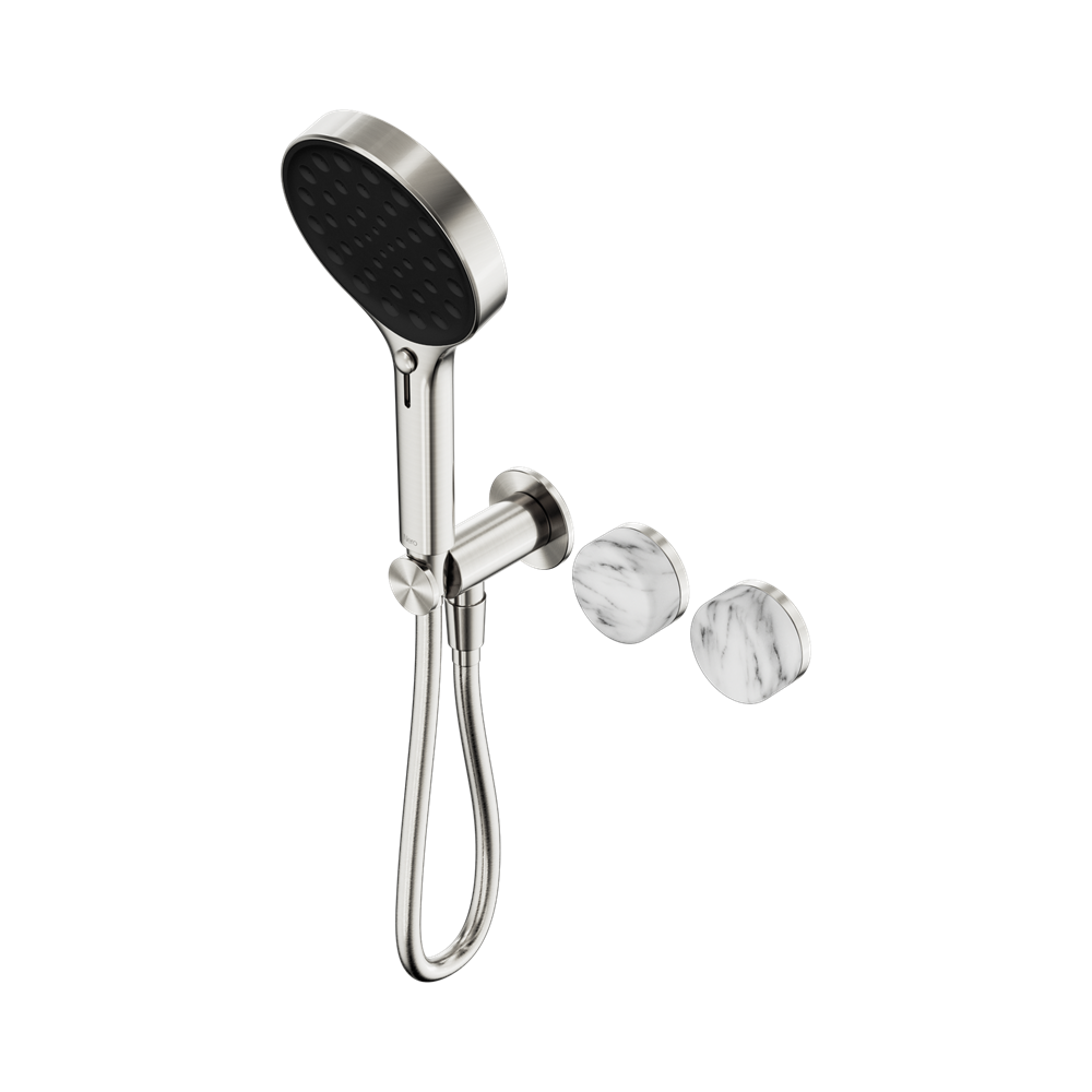 SERENITY PROGRESSIVE SHOWER SYSTEM WITH ARABESCATO CORCHIA HANDLE AND SERENITY HAND SHOWER BRUSHED NICKEL