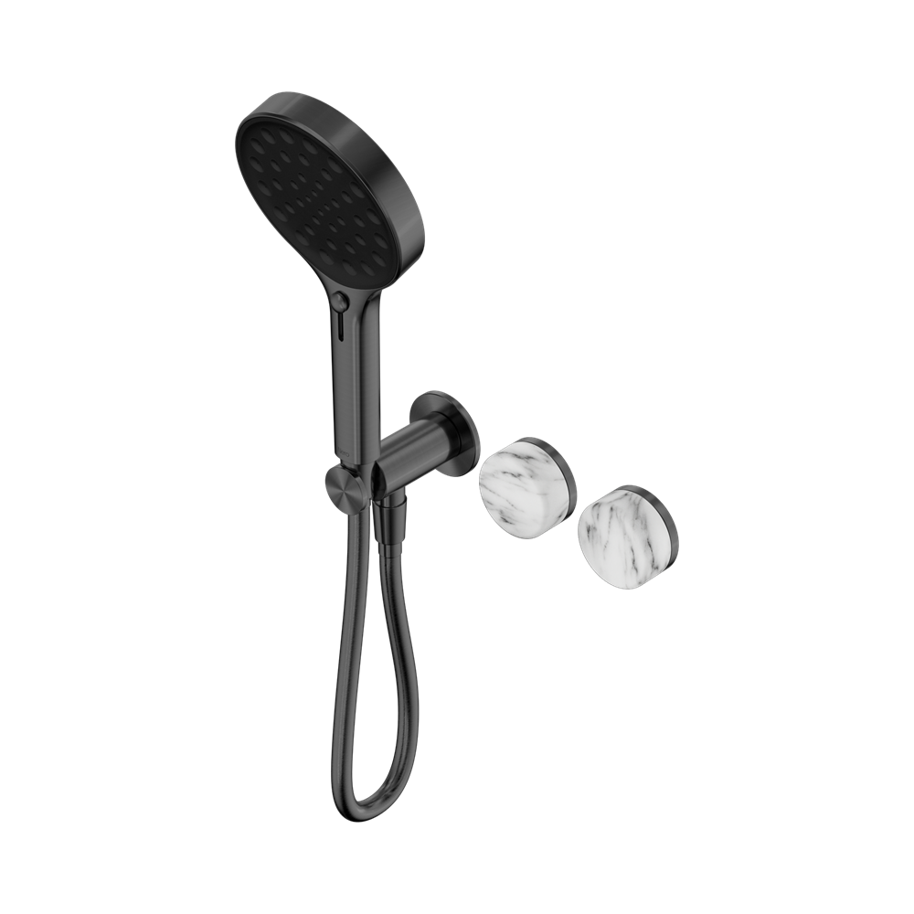 SERENITY PROGRESSIVE SHOWER SYSTEM WITH ARABESCATO CORCHIA HANDLE AND SERENITY HAND SHOWER GUN METAL