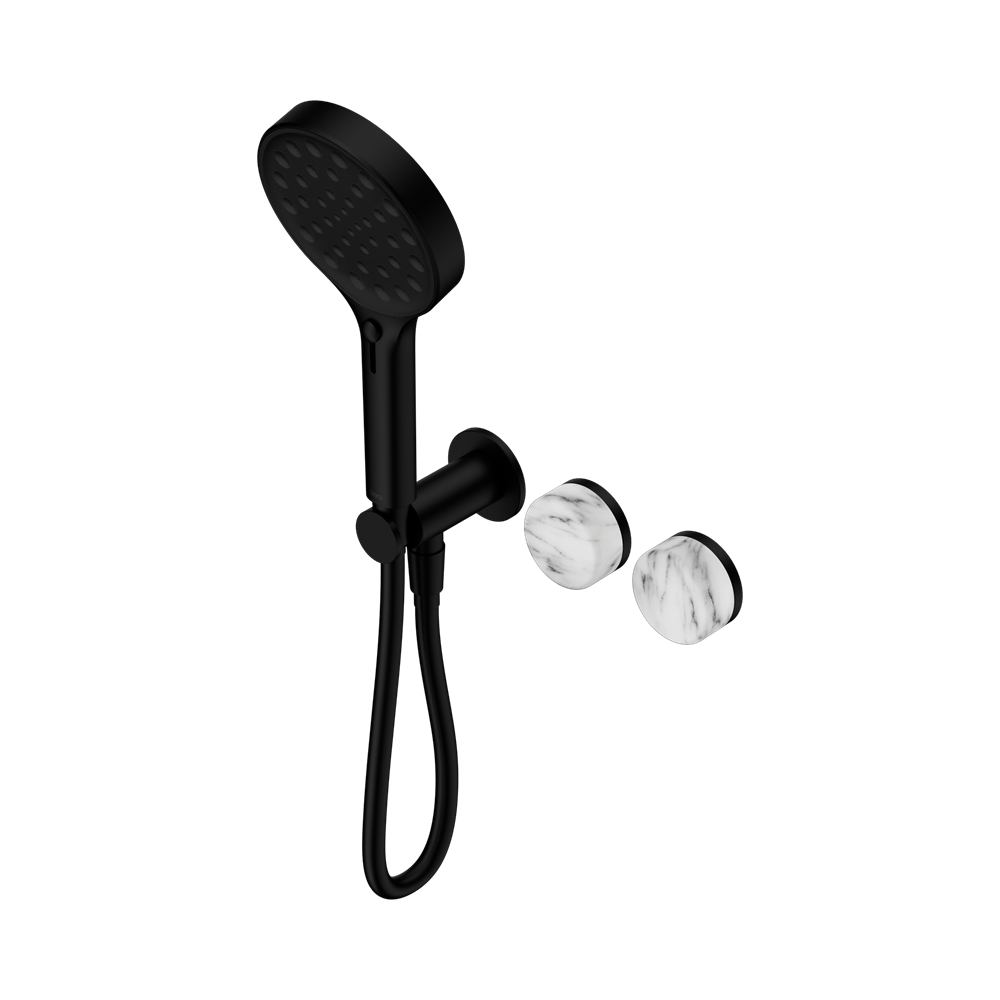 SERENITY PROGRESSIVE SHOWER SYSTEM WITH ARABESCATO CORCHIA HANDLE AND SERENITY HAND SHOWER MATTE BLACK