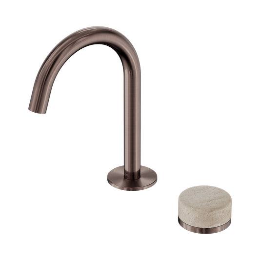 SERENITY PROGRESSIVE BASIN MIXER ARC SPOUT WITH ROME TRAVERTINE HANDLE BRUSHED BRONZE