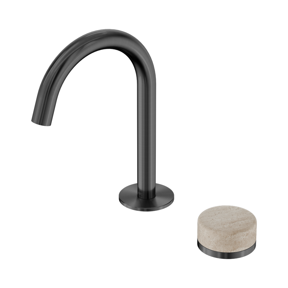 SERENITY PROGRESSIVE BASIN MIXER ARC SPOUT WITH ROME TRAVERTINE HANDLE GUN METAL