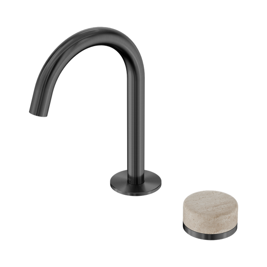 SERENITY PROGRESSIVE BASIN MIXER ARC SPOUT WITH ROME TRAVERTINE HANDLE GUN METAL