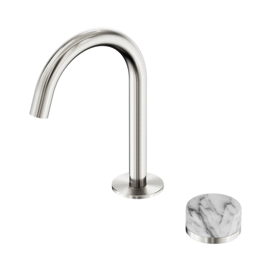 SERENITY PROGRESSIVE BASIN MIXER ARC SPOUT WITH ARABESCATO CORCHIA HANDLE BRUSHED NICKEL