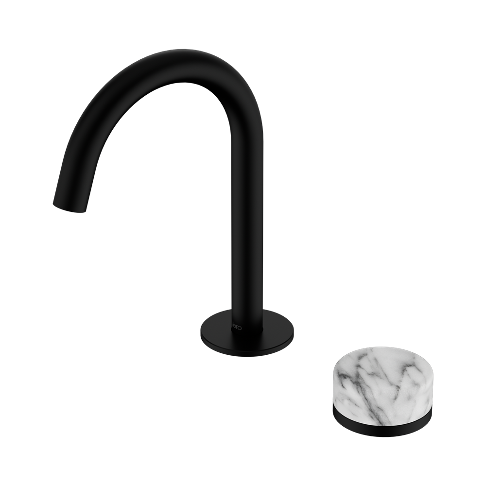 SERENITY PROGRESSIVE BASIN MIXER ARC SPOUT WITH ARABESCATO CORCHIA HANDLE MATTE BLACK