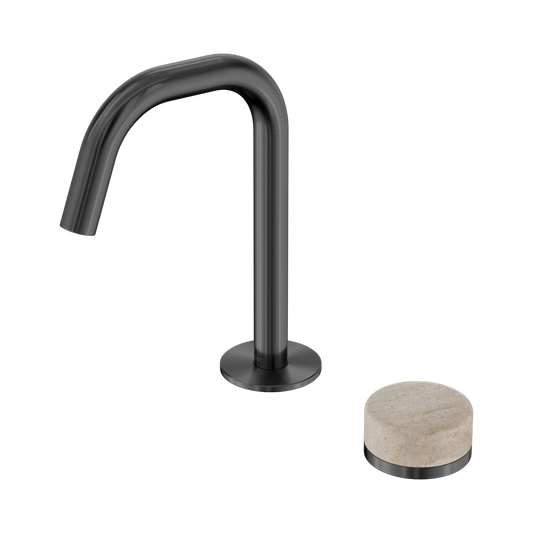 SERENITY PROGRESSIVE BASIN MIXER EDGE SPOUT WITH ROME TRAVERTINE HANDLE GUN METAL