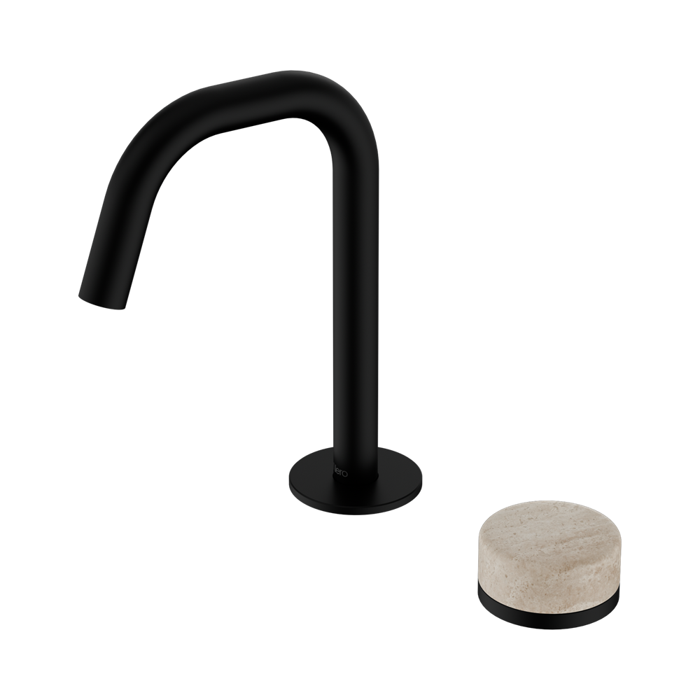 SERENITY PROGRESSIVE BASIN MIXER EDGE SPOUT WITH ROME TRAVERTINE HANDLE MATTE BLACK