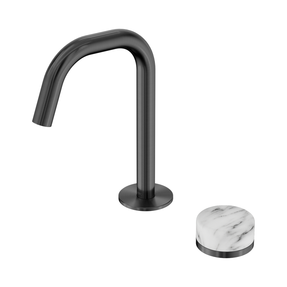 SERENITY PROGRESSIVE BASIN MIXER EDGE SPOUT WITH ARABESCATO CORCHIA HANDLE GUN METAL