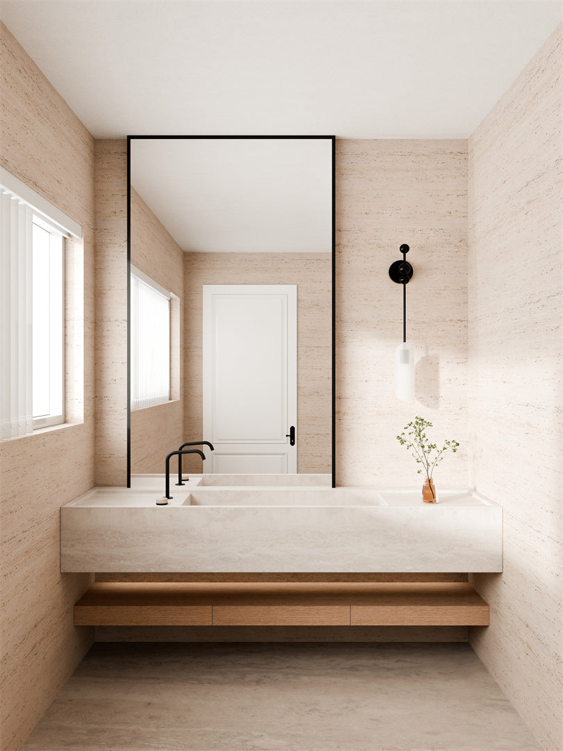 SERENITY PROGRESSIVE BATH/KITCHEN MIXER EDGE SPOUT WITH ROME TRAVERTINE HANDLE MATTE BLACK