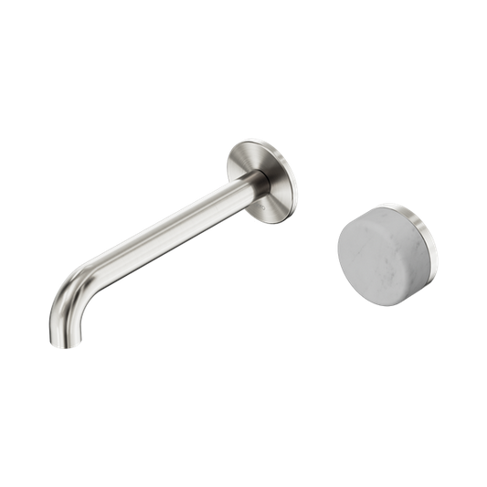 SERENITY PROGRESSIVE WALL BASIN MIXER 160/185/220MM SPOUT WITH CARRARA HANDLE BRUSHED NICKEL