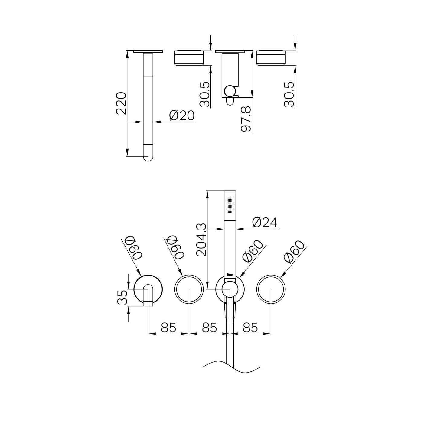 SERENITY PROGRESSIVE SHOWER SYSTEM WITH SPOUT WITH ROME TRAVERTINE HANDLE AND SLIM SHOWER TRIM KIT ONLY BRUSHED NICKEL