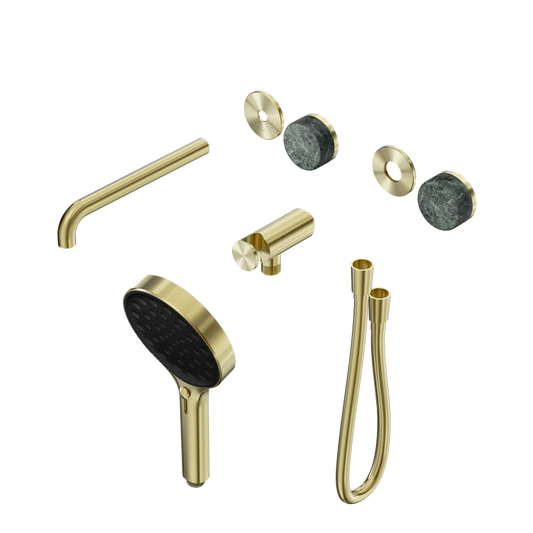 SERENITY PROGRESSIVE SHOWER SYSTEM WITH SPOUT WITH VERDE ALPI HANDLE AND SERENITY HAND SHOWER TRIM KIT ONLY BRUSHED GOLD