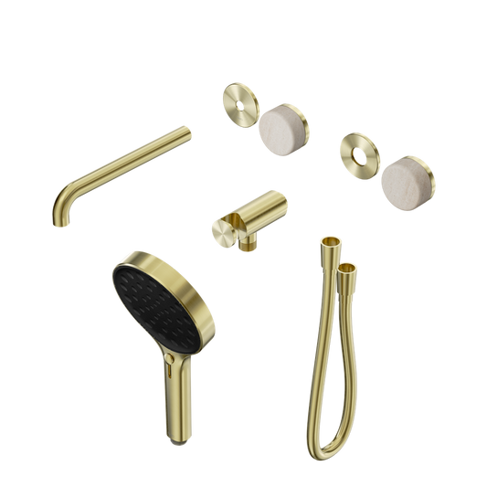 SERENITY PROGRESSIVE SHOWER SYSTEM WITH SPOUT WITH ROME TRAVERTINE HANDLE AND SERENITY HAND SHOWER TRIM KIT ONLY BRUSHED GOLD