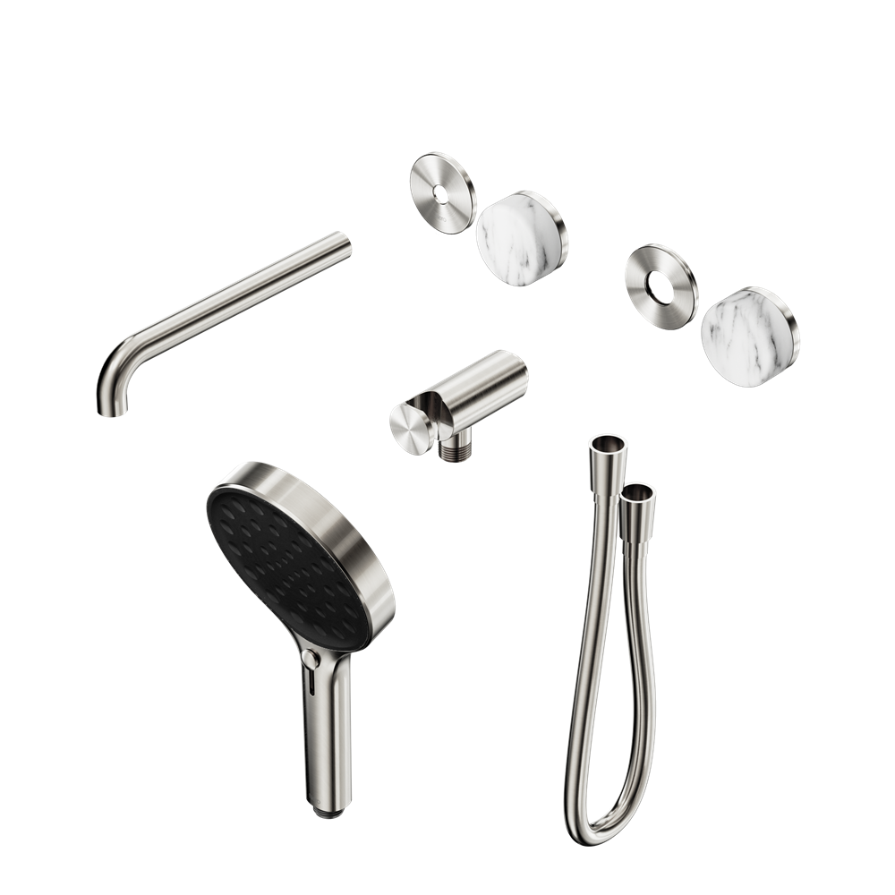 SERENITY PROGRESSIVE SHOWER SYSTEM WITH SPOUT WITH ARABESCATO CORCHIA HANDLE AND SERENITY HAND SHOWER TRIM KIT ONLY BRUSHED NICKEL