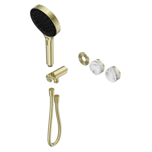 SERENITY PROGRESSIVE SHOWER SYSTEM WITH ARABESCATO CORCHIA HANDLE AND SERENITY HAND SHOWER TRIM KIT ONLY BRUSHED GOLD