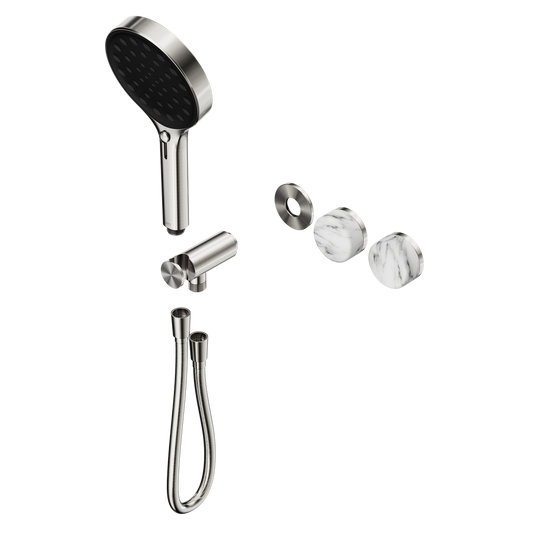 SERENITY PROGRESSIVE SHOWER SYSTEM WITH ARABESCATO CORCHIA HANDLE AND SERENITY HAND SHOWER TRIM KIT ONLY BRUSHED NICKEL