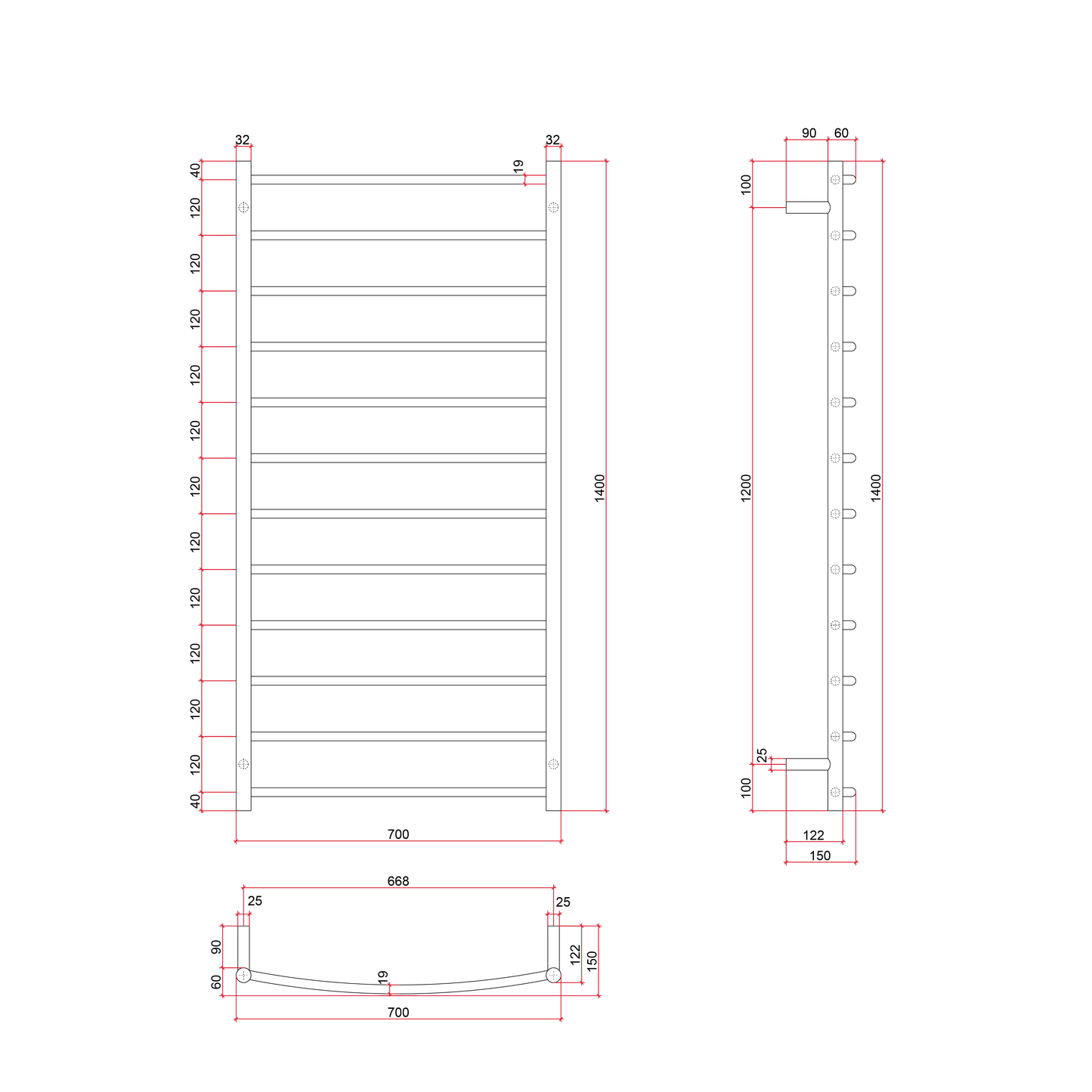 CR69M Curved Round Polished Ladder Heated Towel Rail