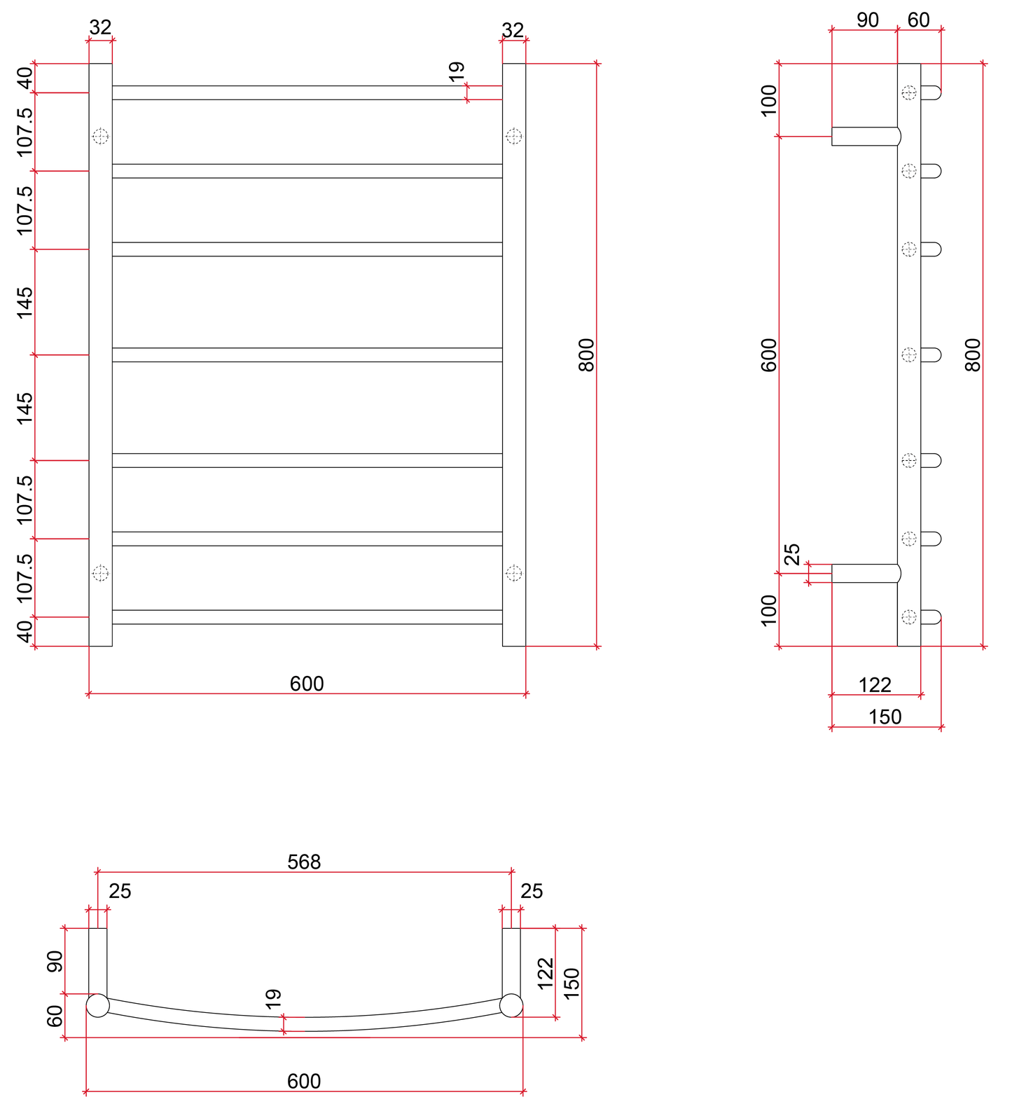 CR44M Curved Round Polished Ladder Heated Towel Rail