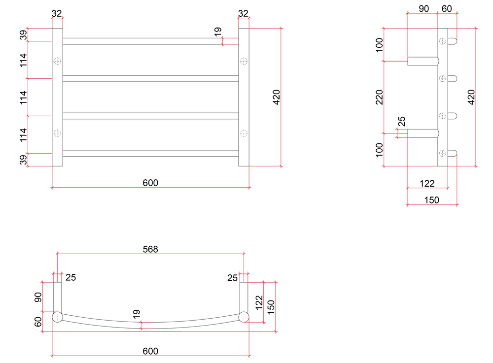 CR40M Curved Round Polished Ladder Heated Towel Rail