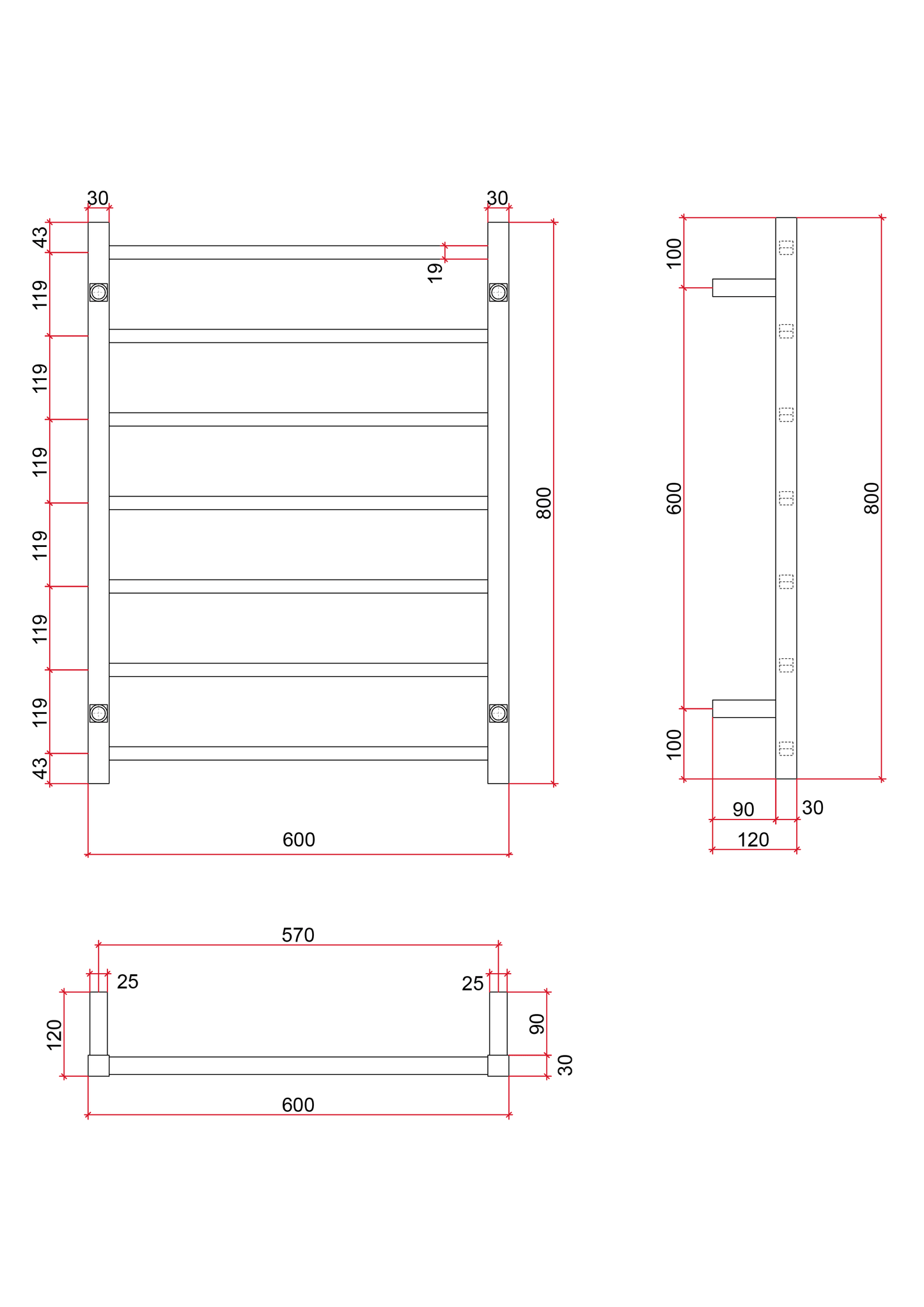SS4412 12Volt Straight Square Polished Ladder Heated Towel Rail