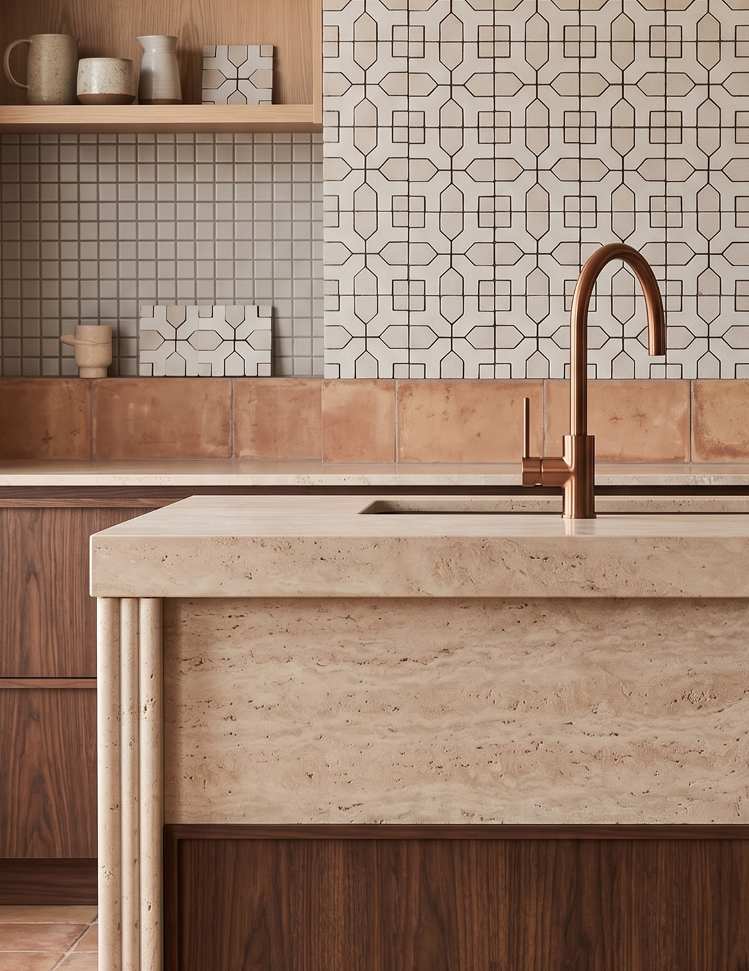 A relaxing sanctuary with layered textures, warm wood, and calming coastal hues