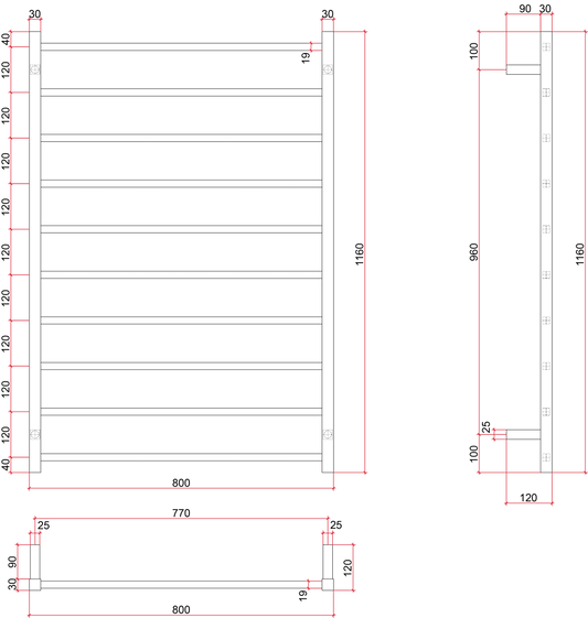 SS88MB Matt Black Square Ladder Heated Towel Rail